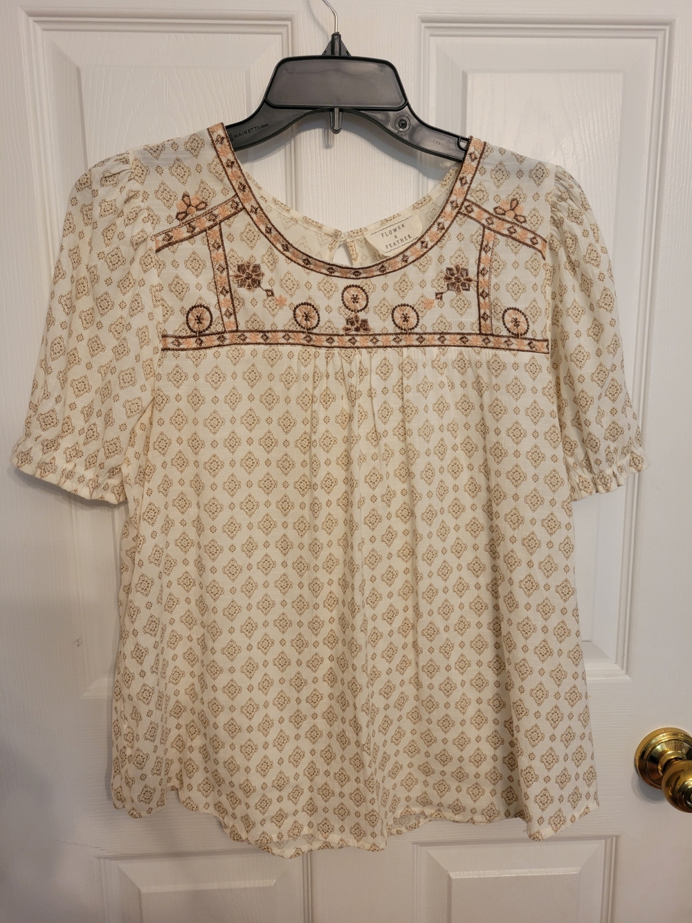 Cream Embroidered Short-Sleeve Peasant Blouse